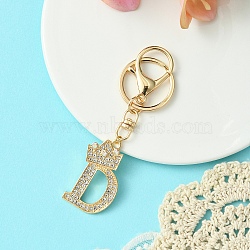 Golden Alloy Rhinestone Keychain, with Alloy Clasp and Iron Rings, Letter D, 10cm, Pendant: 43mm(KEYC-YW00105-04)