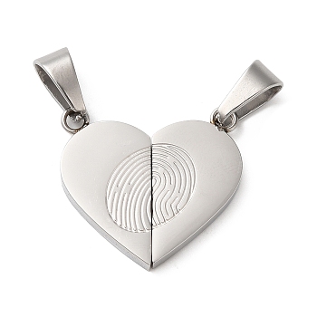 304 Stainless Steel Split Pendants, Couple Pendants, Heart with Fingerprint Charm, Stainless Steel Color, 23x24.5x2mm, Hole: 9x5.5mm