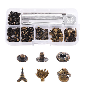 18 Sets Eiffel Tower & Tree & Mushroom Brass Leather Snap Buttons Fastener Kits, Including 1 Set 45# Steel Hole Punch Tool, 1Pc 45# Steel Round BaseCraft, Antique Bronze, Buttons: 18sets