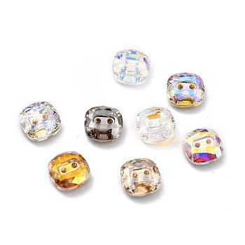 2-Hole Square Glass Rhinestone Buttons, Faceted, Mixed Color, 10x10x4.5mm, Hole: 1.2mm