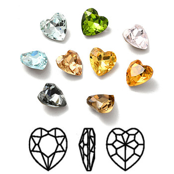 Faceted K9 Glass Rhinestone Cabochons, Pointed Back & Back Plated, Heart, Mixed Color, 8x8x4mm