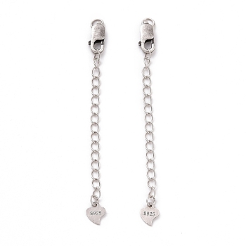 925 Sterling Silver Chain Extenders, with Lobster Claw Clasps & Charms, Heart, Antique Silver, 62x2.5mm, Hole: 2.4mm