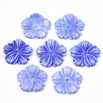 Natural Freshwater Shell Beads, Carved, Dyed, Flower, Royal Blue, 28x28x3mm, Hole: 1.6mm