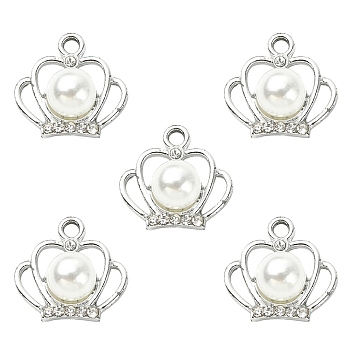 Alloy Crystal Rhinestone Pendants, with ABS Plastic Imitation Pearl Beaded, Crown Charms, Platinum, 17.5x18x8.5mm, Hole: 2.5mm