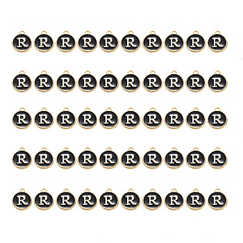 Golden Plated Alloy Charms, with Enamel, Enamelled Sequins, Flat Round, Black, Letter.R, 14x12x2mm, Hole: 1.5mm, 50pcs/Box