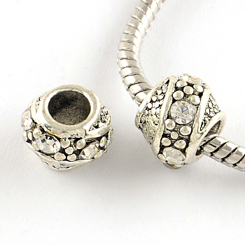 Barrel Antique Silver Plated Metal Alloy Rhinestone European Beads, Large Hole Beads, Crystal, 10~11x9mm, Hole: 5mm