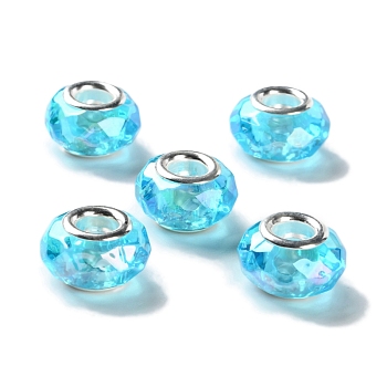 Shell Transparent Brass Cores Acrylic European Beads, Rondelle, Large Hole Bead, Faceted, Silver, Cyan, 15x9mm, Hole: 5mm