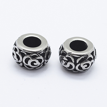 316 Surgical Stainless Steel Beads, Large Hole Beads, Rondelle with Flower, Antique Silver, 12x7.5mm, Hole: 5.5mm