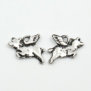 Alloy Pendants, Cadmium Free & Lead Free, Flying Pig, Antique Silver, 15x10x3mm, Hole: 2mm