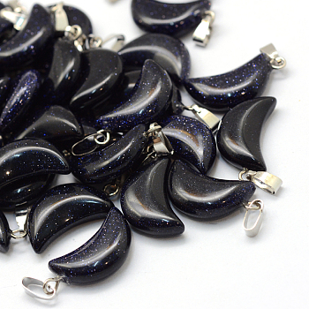 Moon Synthetic Blue Goldstone Pendants, with Platinum Tone Brass Findings, 21~24x12~14x5~6mm, Hole: 2x7mm