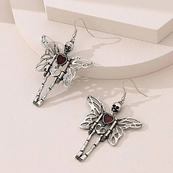Skeleton with Wing Alloy Rhinestone Dangle Earrings, Antique Silver, 74x47mm