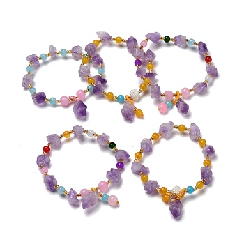 Nuggets Natural Amethyst Stretch Beaded Bracelets, Rough Raw Stone, with Glass Beads, Inner Diameter: 2-1/4 inch(5.6cm)