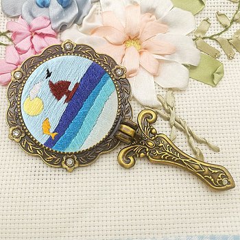 DIY Foldable Handheld Mirror Embroidery Starter Kit, including Plastic Embroidery Frame, Cloth, Iron Needle, Cotton Threads, Brass Mirror, Aluminum Findings, Glue, Ocean Themed Pattern, 7pcs/set