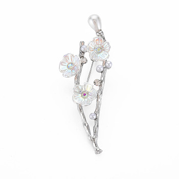 Plum Blossom with Branch Resin Brooch with Imitation Pearl, Crystal Rhinestone Flower Lapel Pin for Backpack Clothes, Nickel Free & Lead Free, Platinum, 25x62x15mm, Pin: 0.8mm