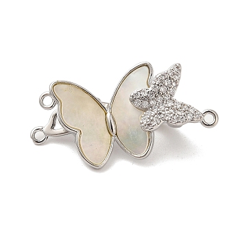 Brass Micro Pave Clear Cubic Zirconia Fold Over Clasps, with Shell, Butterfly, Real Platinum Plated, 14x26x8mm, Hole: 1.2mm