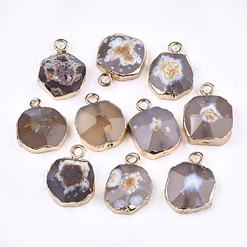 Electroplate Natural Agate Pendants, with Brass Findings, Faceted, Dyed, Golden, Camel, 17~22x14~18x5~10mm, Hole: 1.8mm