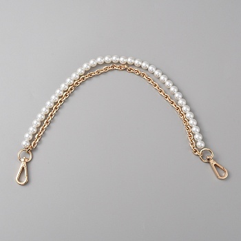 Plastic Imitation Pearl Beaded Double Strand Bag Handles, with Iron Cable Chain & Swivel Clasp, Golden, 410~412x7mm