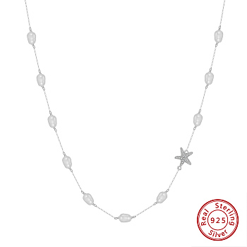 925 Sterling Silver Link Chain Necklaces, Micro Pave 5A Cubic Zirconia Starfish, Natural Freshwater Pearl Necklaces, Real Platinum Plated, 14.17 inch(36cm)