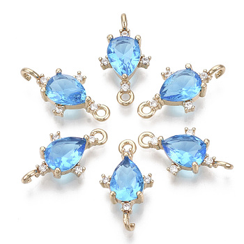 Glass Links connectors, with Brass Micro Pave Cubic Zirconia, Faceted, Teardrop, Light Gold, Dodger Blue, 18x9.5x4.5mm, Hole: 1.2mm