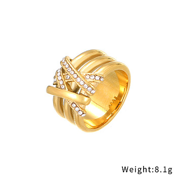 Crystal Rhinestone Wide Finger Ring, Golden Stainless Steel Ring, US Size 8(18.1mm)