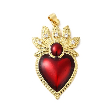 Rack Plating Brass Micro Pave Cubic Zirconia Pendants, with Epoxy Resin, Cadmium Free & Lead Free, Real 18K Gold Plated, Long-Lasting Plated, Heart, Red, 40.5x23.5x5mm, Hole: 3.5x5mm