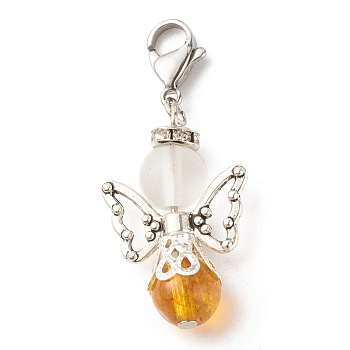 Natural Citrine Pendant Decorations, with Alloy Findings & 304 Stainless Steel Lobster Claw Clasps, Angel & Fairy, 40mm