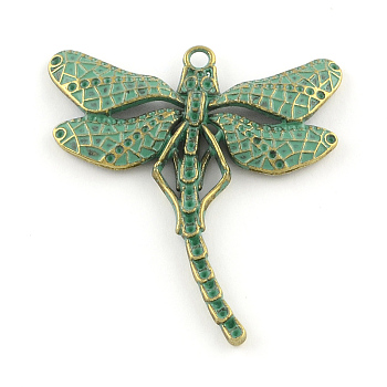 Dragonfly Zinc Alloy Big Pendant Rhinestone Settings, Cadmium Free & Nickel Free & Lead Free, Antique Bronze & Green Patina, 55x50x3mm, Hole: 3mm, Fit for 0.5~1.5mm Rhinestone