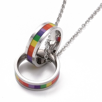 Pride Style 201 Stainless Steel Pendant Necklaces, with Enamel and Iron Chains, Double Rings, Colorful, Stainless Steel Color, 19.76 inch(50.2cm)