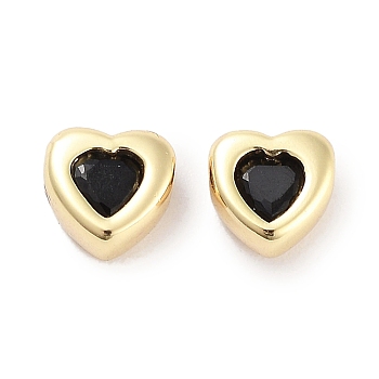 Brass Micro Pave Cubic Zirconia Beads, Real 18K Gold Plated, Heart, Black, 5.5x5.5x3.5mm, Hole: 1mm