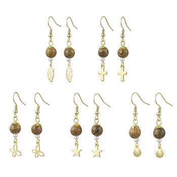 304 Stainless Steel Mixed Shape Dangle Earrings, with Natural Wenge Wood Beads, Golden, 42~47x6~11mm