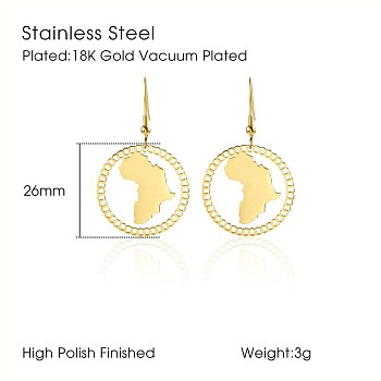 African Map Shape Dangle Earrings, with Stainless Steel Hooks, Golden, 26mm