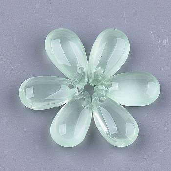 Transparent Spray Painted Glass Charms, teardrop, Light Green, 13.5~14x7.5x5mm, Hole: 1mm