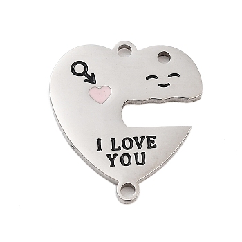 Valentine's Day 304 Stainless Steel Black Enamel I Love You Connector Charms, Love Heart Links, Stainless Steel Color, 21.5x19x1mm, Hole: 1.6mm