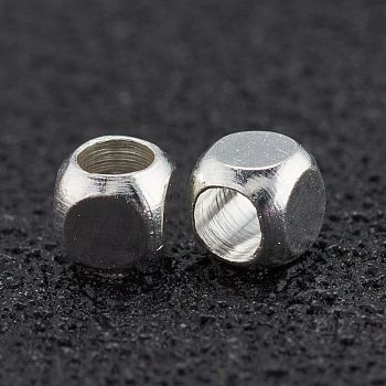 Brass Beads, Long-Lasting Plated, Cube, 925 Sterling Silver Plated, 2.5x2.5x2.5mm, Hole: 1.6mm