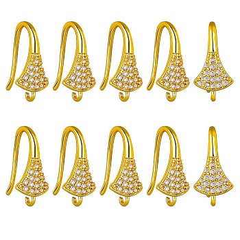 10 Pair Brass Micro Pave Clear Cubic Zirconia Earring Hooks, Ear Wire, with Loops, Fan, Real 18K Gold Plated, 16.5x8.5mm, Hole: 1.2mm, Pin: 1.2mm