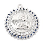 Brass Micro Pave Cubic Zirconia Pendants, Flat Round with Angel Charms, Rack Plating, Long-Lasting Plated, Lead Free & Cadmium Free, Platinum, 26.5x24x5.5mm, Hole: 1.6mm(KK-L228-14P-02)