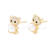 Cubic Zirconia Bear Stud Earrings with Acrylic Pearl, Brass Jewelry for Women, Lead Free & Cadmium Free, Real 18K Gold Plated, 12x8.5mm, Pin: 0.8mm(EJEW-F282-26G)
