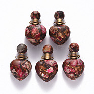 Heart Assembled Natural Bronzite and Synthetic Imperial Jasper Openable Perfume Bottle Pendants, with Brass Findings, Dyed, Hot Pink, Capacity: 1ml(0.03 fl. oz), 37.5~38.5x22x13mm, Hole: 1.8mm(G-R484-01D)