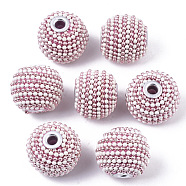 Handmade Indonesia Beads, with Polymer Clay, Silver Color Plated Brass Cores and Iron Ball Chains, Round, Pink, 18~20x15~17mm, Hole: 3mm(IPDL-S054-006)