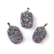 Electroplated Natural Druzy Quartz Crystal Pendants, with Brass Findings, Oval, Platinum, Rainbow Plated, 33~37x20~23x11~15mm, Hole: 8x5mm(G-G767-07B)
