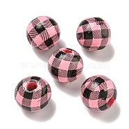 Printed Wood European Beads, Round with Tartan Pattern, Pink, 15.5~16mm, Hole: 4~4.5mm(WOOD-G022-13H)