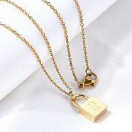 304 Stainless Steel Rolo Chain Pendant Necklaces, Padlock Necklaces for Women Men, Locks with Letter, Letter Q, 17.64 inch(44.8cm)(NJEW-S444-01G-17)