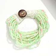 Bohemia Style Glass Beaded Multi-strand Bracelets for Women, Cotton Cord Knitting Bracelets with Coconut Clasp, Pale Green, 7-5/8 inch(19.5cm)(BJEW-G720-01B)