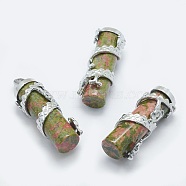 Natural Unakite Pendants, with Brass Findings, Column with Dragon, Platinum, 40.5~41.5x14x15mm, Hole: 3.5x5mm(X-G-O163-E20)