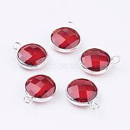 Silver Color Plated Brass Glass Flat Round Charms, Faceted, Dark Red, 12x8.5x3mm, Hole: 1.5mm(GLAA-M003-A-04S)