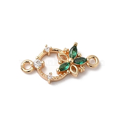 Brass Pave Clear Cubic Zirconia Flower Ring Links Connector Charms, with Glass, Golden, Green, 16x8x3mm, Hole: 1.2mm(KK-C062-044G-02)