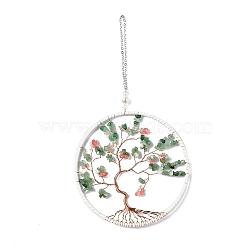 Wire Wrapped Chips Natural Green Aventurine & Red Aventurine Big Pendant Decorations, with Iron Chains and Imitation Leather Rope, Flat Round with Tree of Life, 295mm(HJEW-A005-05C)