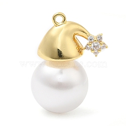 Rack Plating Brass Pave Cubic Zirconia Pendants, with Plastic Pearl, Long-Lasting Plated, Cadmium Free & Lead Free, Christmas Hat, Real 18K Gold Plated, 21x15x11.5mm, Hole: 1.2mm(KK-R150-09G)