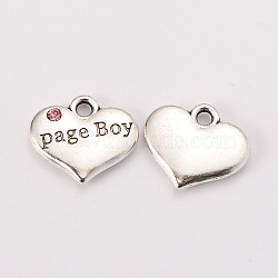 Wedding Theme Antique Silver Tone Tibetan Style Heart with Page Boy Rhinestone Charms, Cadmium Free & Lead Free, Light Rose, 14x16x3mm, Hole: 2mm(TIBEP-N005-14D)