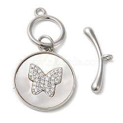 Brass Micro Pave Clear Cubic Zirconia Toggle Clasps, with Shell, Butterfly, Platinum, 7x19x3mm, Hole: 1.5mm, Pendant: 19.5x17x2.5mm, Ring: 13x10.5x1.5, Hole: 1.5mm(KK-N254-92P)